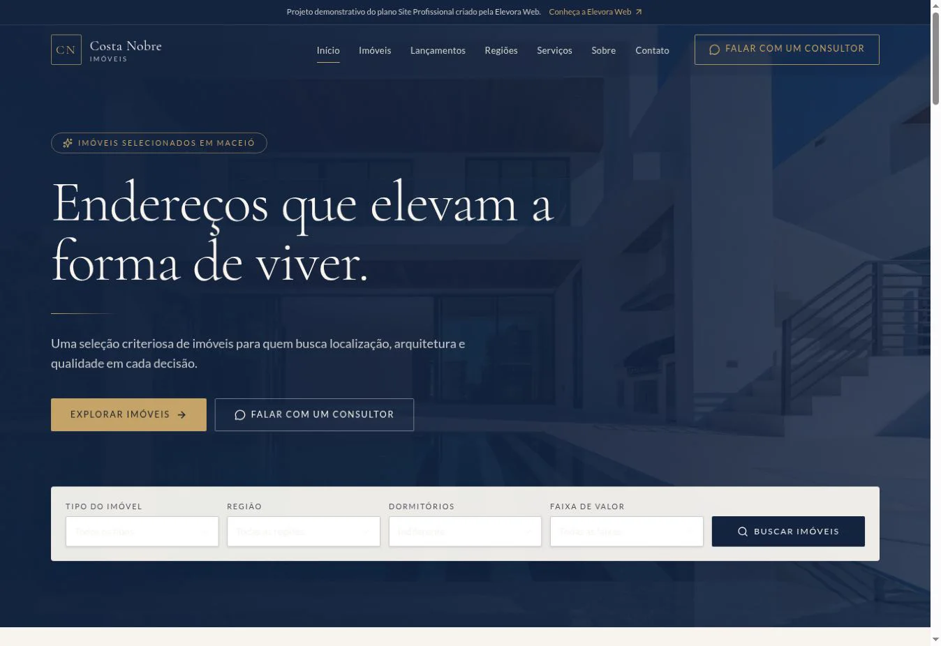 Página inicial do site demonstrativo Costa Nobre Imóveis com pesquisa de imóveis e visual sofisticado.