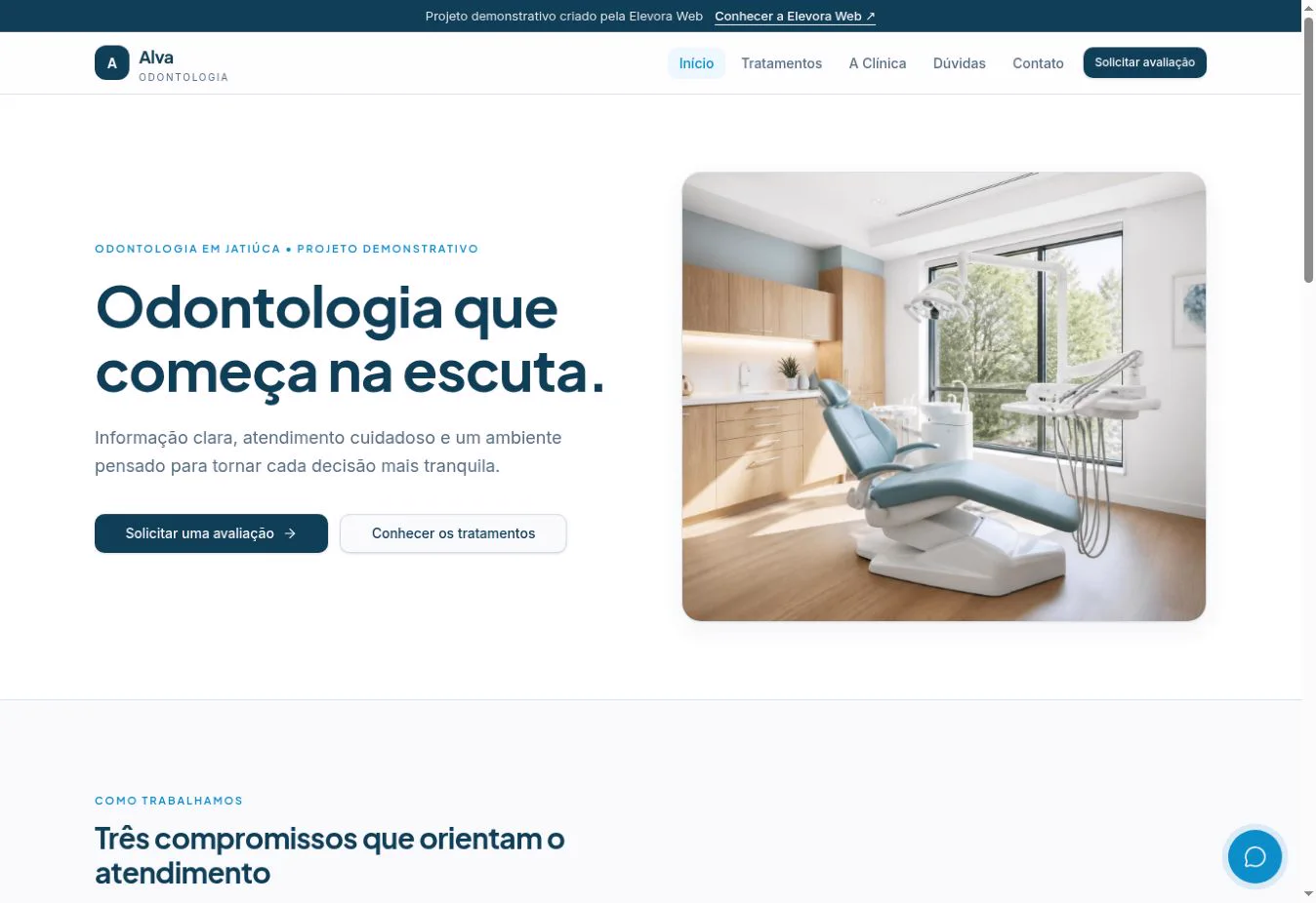 Página inicial do site demonstrativo Clínica Alva Odontologia com visual claro e acolhedor.