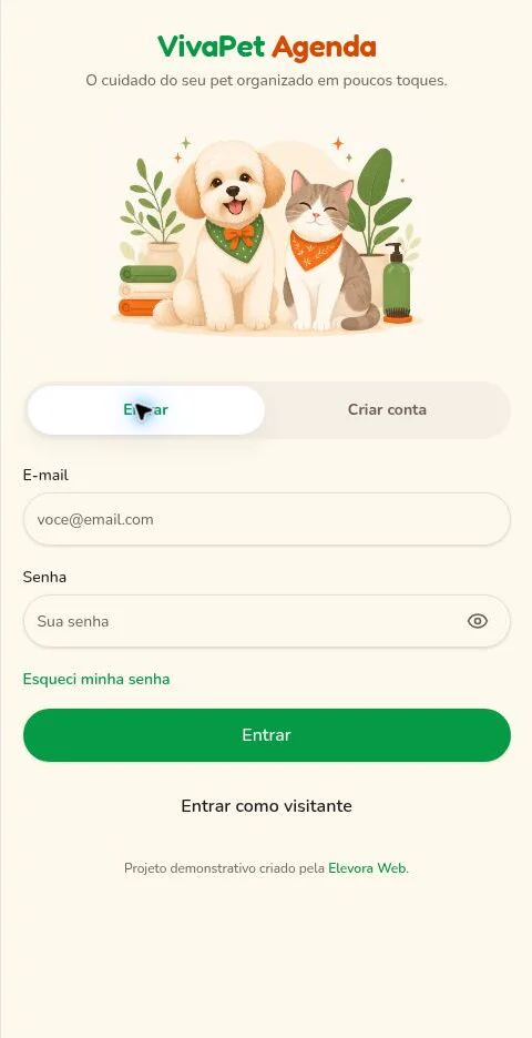 Tela de acesso do aplicativo demonstrativo VivaPet Agenda com ilustração de cachorro e gato.