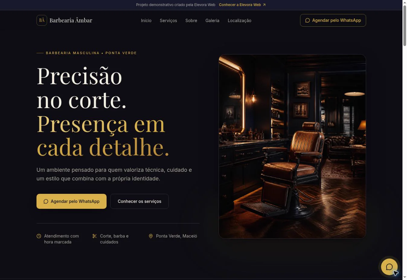 Página inicial do site demonstrativo Barbearia Âmbar em visual escuro com detalhes dourados.