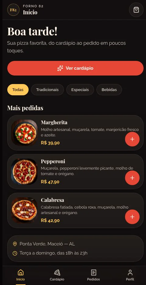 Tela inicial do aplicativo demonstrativo Forno 82 Pedidos para pizzaria.